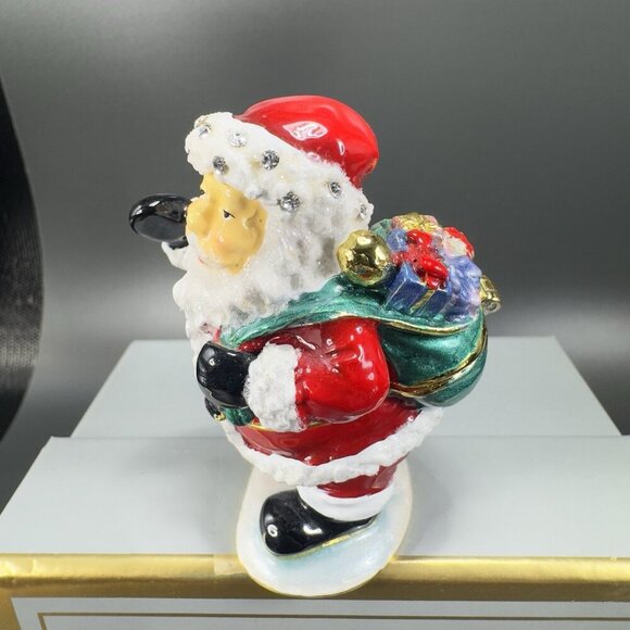 Santa Claus Christmas Enamel Over Metal Bejeweled Hinged Trinket Box Pill Box - Picture 9 of 13